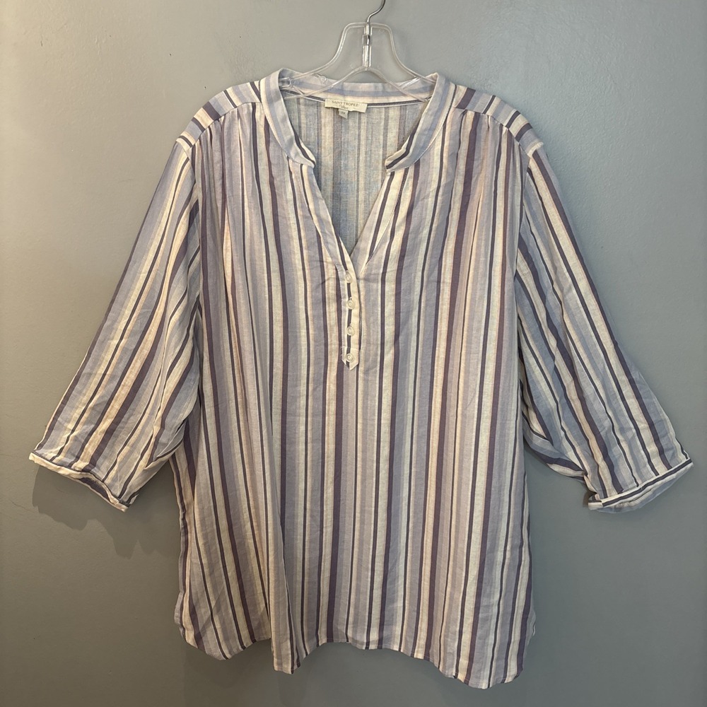 Saint Tropez West Linen Blend Top Women's 2XL Blue Stripe 3/4 Sleeves Coastal